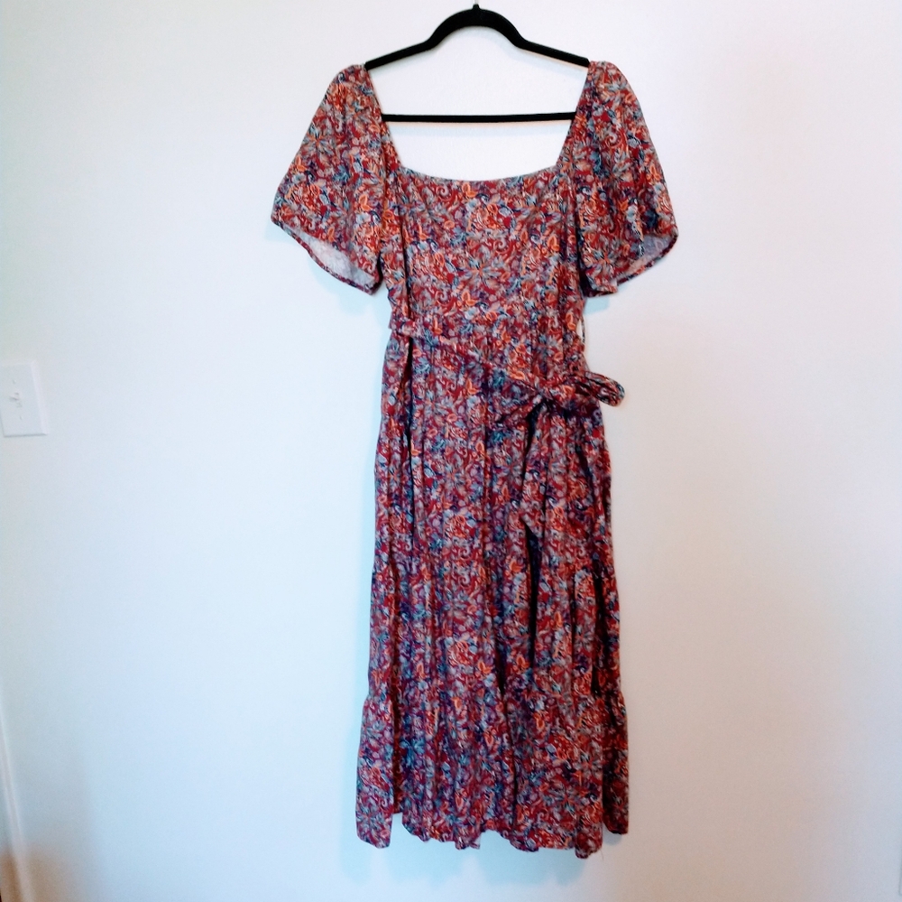 INA red floral printed flannel dress with draped cap sleeves and square neck. Mi